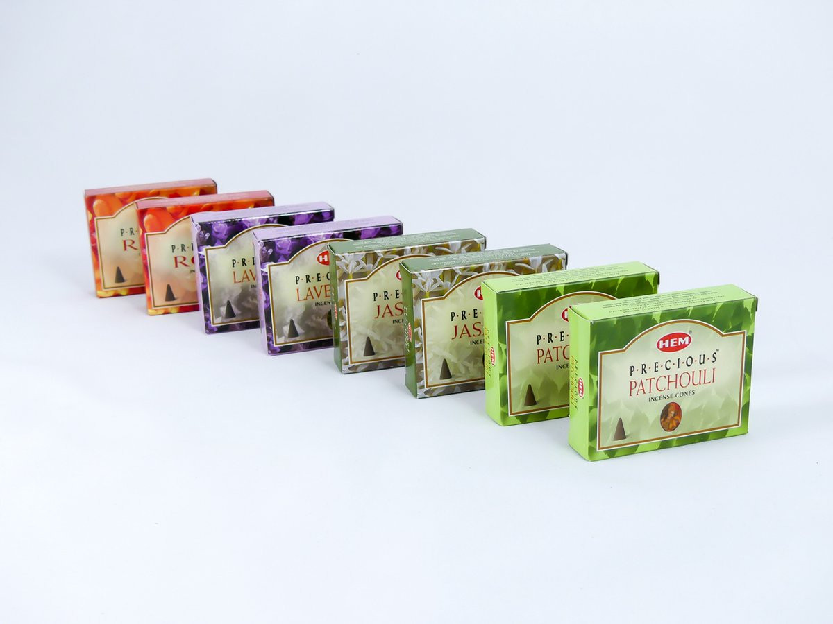 HEM Wierook Kegels Set met verschillende geuren: Jasmijn, Patchouli, Lavendel en Roos