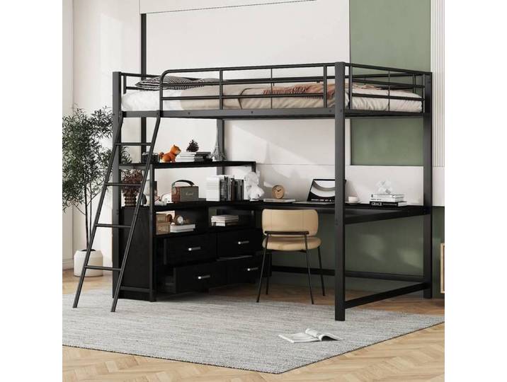 Lit mezzanine 140 x 200cm cadre métallique noir avec bureau l et tiroirs pratiques