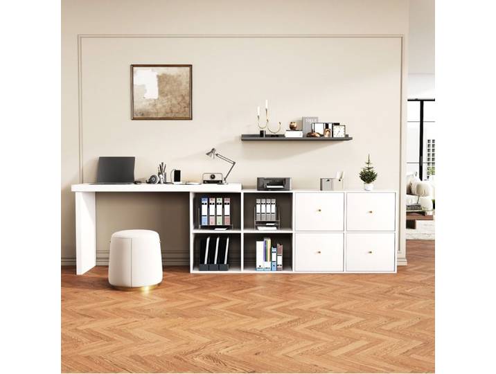 Bureau D Angle En MDF Blanc Bureau Pivotant FloraGrace Pour Bureau Rangement Integre 120x48x78cm+140x35x74cm