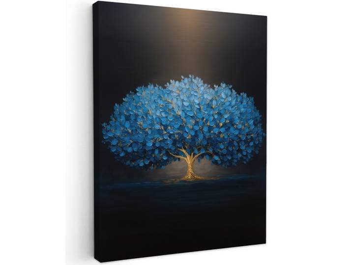 LEINWANDBILD Baum - Blau - Blätter - Pinselstriche Wandbild Wohnzimmer 60x80 cm