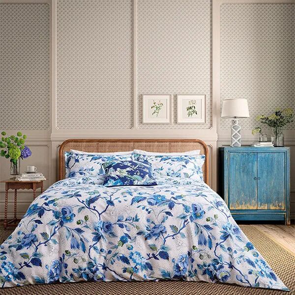 English Heritage Craven Street Floral Duvet Cover Set Super King Size Woad