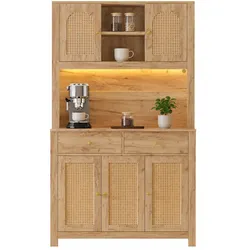 Merax Küchenschrank Hochschrank 100 x 40 x 180 cm mit LED-Beleuchtung, Kaffee-Bar, Steckdose, Rattan-Türen, Stauraum & Arbeitsfläche, Naturholzfarbe