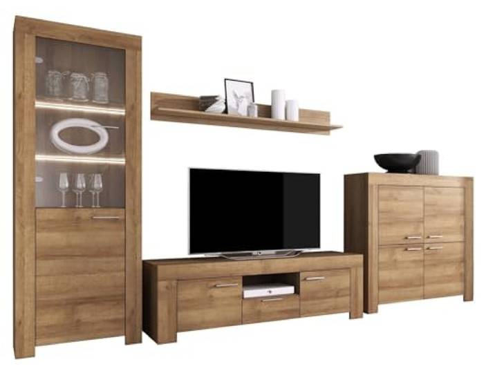 Furniture24 Wohnwand Anbauwand Sky - Tv Schrank Vitrine mit LED Beleuchtung Hängeregal Kommode (Riviera Eiche)