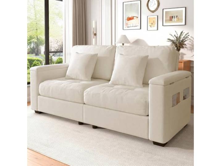 BXEYXE 180cm-Moderne 2‑Sitzer Wohnzimmercouch in Beige mit Stauraum an der Armlehne, weichem Chenille‑Stoff, inkl. 2 gemütlichen Kissen und hochdichter Schaumstoffpolsterung für maximalen Sitzkomfort