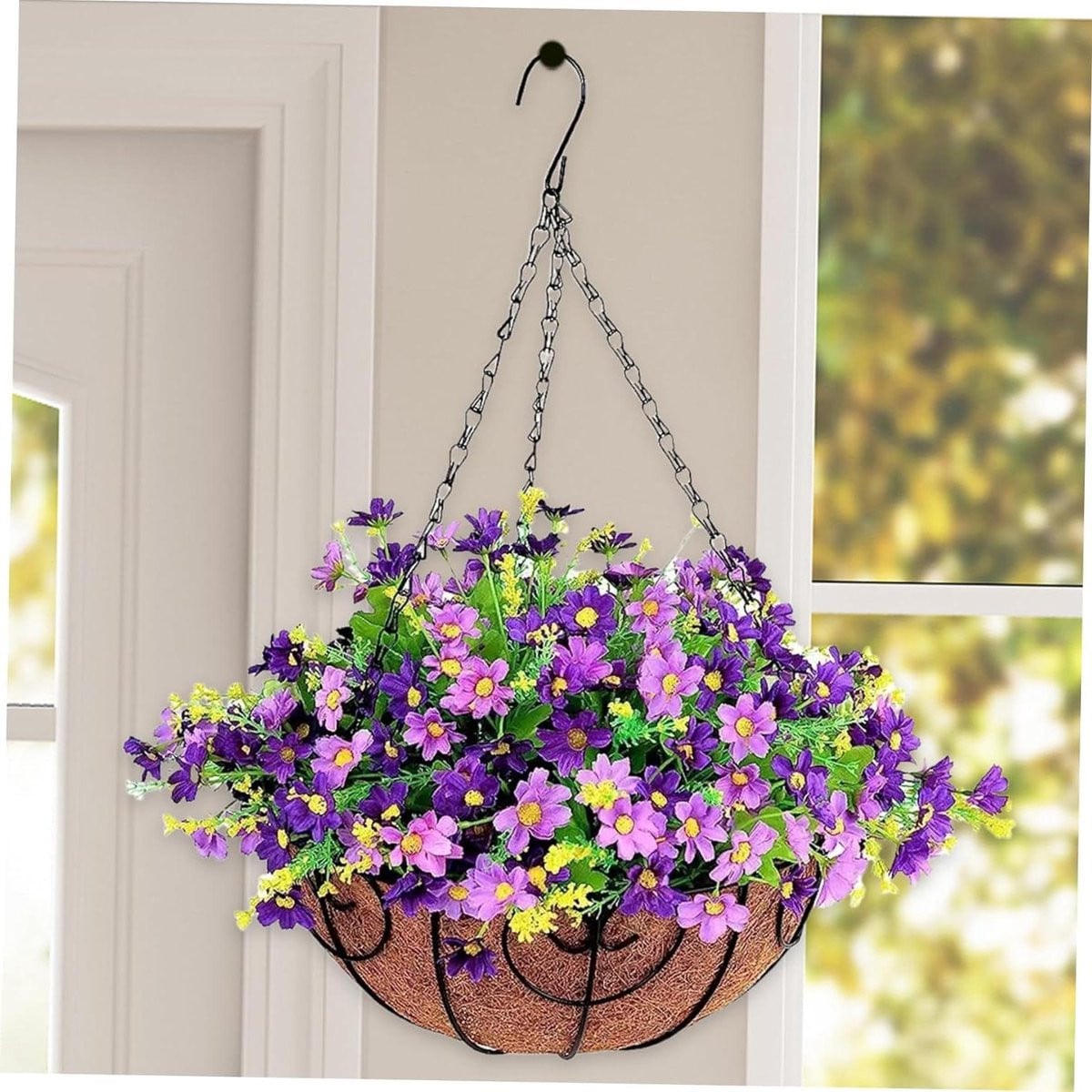 Onderhoudsvrije hangende bloemenmand met paarse kunstbloemen voor tuindecoratie - Diameter: 20 cm