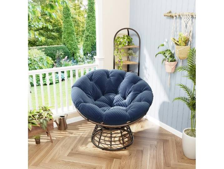 Fauteuil - Chaise Papasan Confortable avec Coussin - Intérieur et Extérieur - Mobilier de Jardin Terrasse Balcon Salon Bleu