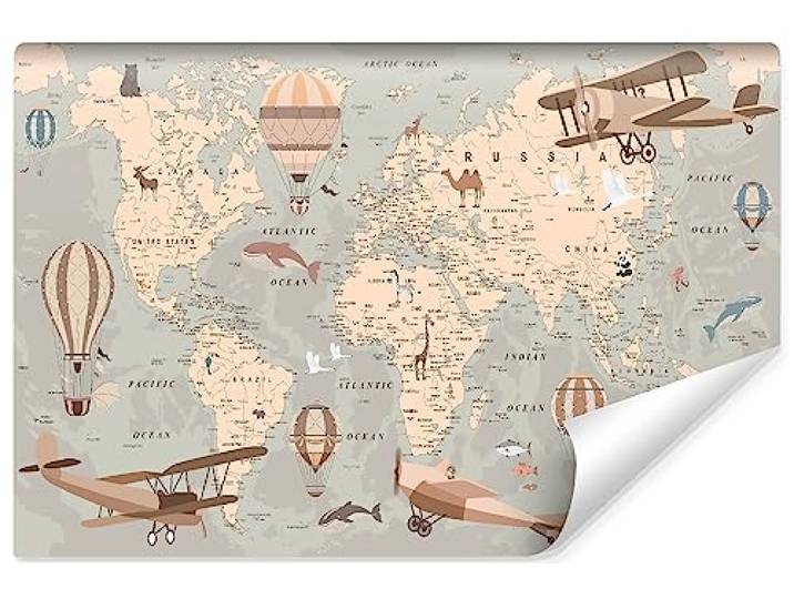 Muralo Fototapete Vlies 3D, Wanddeko, Weltkarte, Erdkarte - 300x210 cm Beeindruckendes 3D-Design, hochauflösender Druck, lebendige Farben - ideal für Kinderzimmer, Tägliche Entdeckerabenteuer