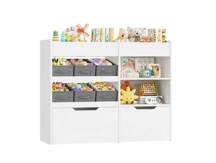 HOMECHO Kinderregal, mit 6 Boxen auf Rollen, Regal Kinderzimmer, Weiß, 108.6x88.5x30cm