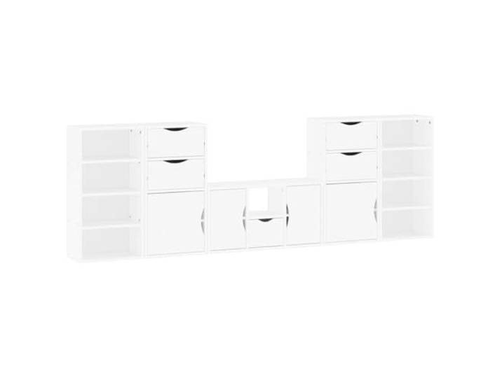 Foknhdi 5-TLG Wohnwand Set Massivholz Kiefer Weiß TV Lowboard ODDA Modulares 5-teiliges Möbelset aus Kiefernholz für Wohnzimmer und Flur, flexibel kombinierbar mit viel Stauraum.