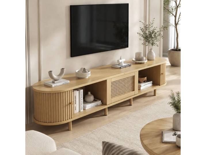 Meuble TV - Meuble Tele Avec Tiroir en rotin porte coulissante 180x40x40cm bois clair
