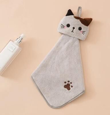Uplifted Finds Cute Cartoon Cat Hand Towel Thickened Kitchen Bathroom Coral Velvet Home Quick Drying Dishcloth grey