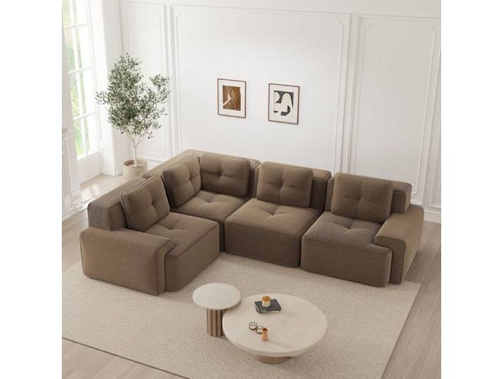 Canapé modulaire sans cadre en velours côtelé sofa de salon confortable et profond sans montage design antidérapant marron.