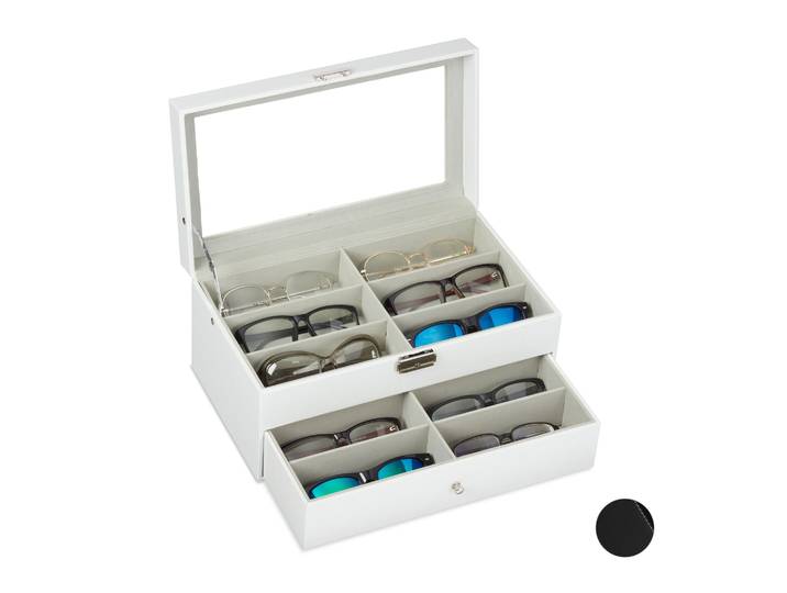 Brillenbox für 12 Brillen Weiss-Transparent-Grau