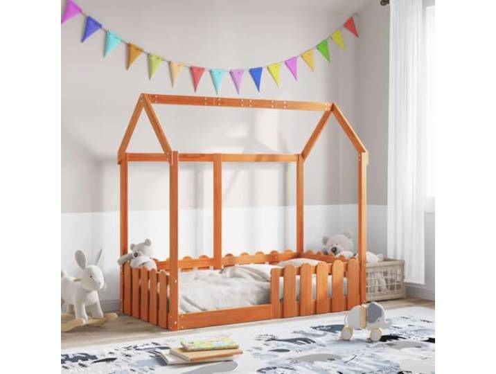 GBCDSWBR Hausbett für Kinder, Kiefernholz-Bettgestell, Wachsbraun 70x140 Stabiles Massivholz, Offenes Dachdesign, Inklusive Lattenrost, Bodennah