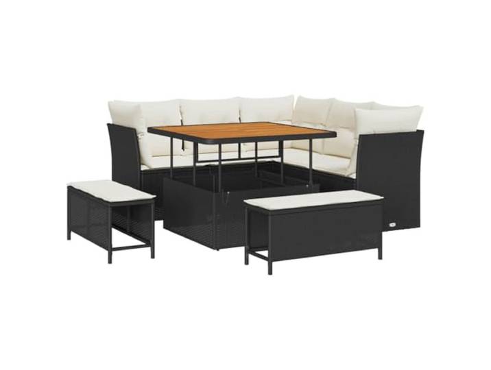 8er Set Gartensofas Polyrattan und Akazienholz Schwarz Modulares Sofa, Polyrattan mit Akazienholz, Schwarz-Creme, verstellbarer Tisch, Staufächer, Rückenlehne und Kissen,