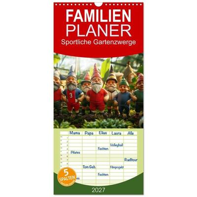 Familienplaner 2027 - Sportliche Gartenzwerge mit 5 Spalten (Wandkalender, 21 x 45 cm) CALVENDO