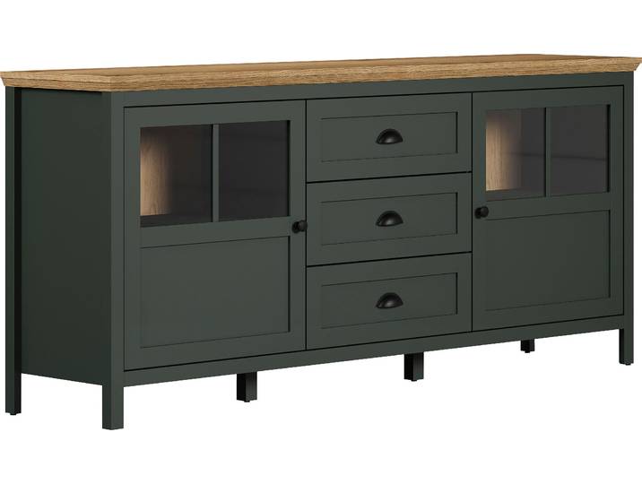 Sideboard HOME AFFAIRE Vienna , grün (tannengrün, eiche), B:185cm H:86cm T:45cm, Sideboards, Sideboard, Kommode im Landhausstil - Beleuchtung, Glastüren - B/T/H 185/45/86 cm