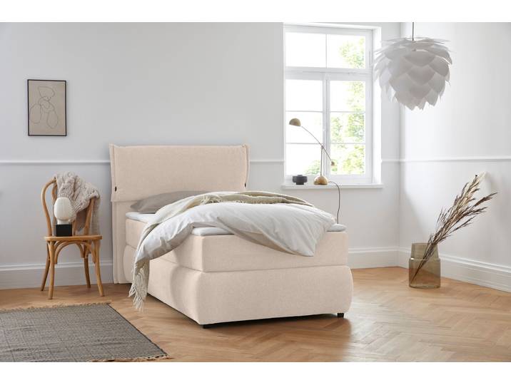 Boxspringbett, 128x225 cm, Struktur weich, Beige, Mit Topper, Skandinavisch, andas