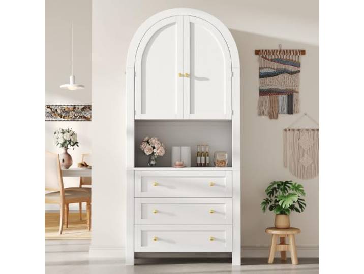Weiß Bogen Vitrinenschrank 180cm, mit 3 Schubladen, Türen, MDF Gewölbter Küchenschrank, Offenem Fach, Kippschutz & Leinen-Dach – ideal als Vitrinenschrank Wohnzimmer