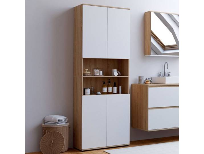 IDMARKET Meuble armoire colonne salle de bain TOMI 4 portes 2 niches façon hêtre et blanc