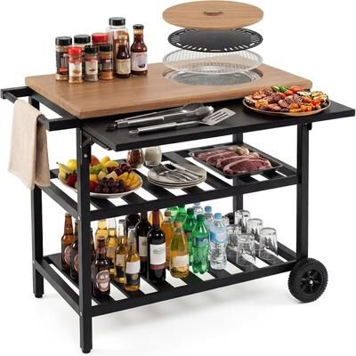 Outdoor Grill Cart Rolling Food Prep Table w/Korean BBQ Charcoal Grill