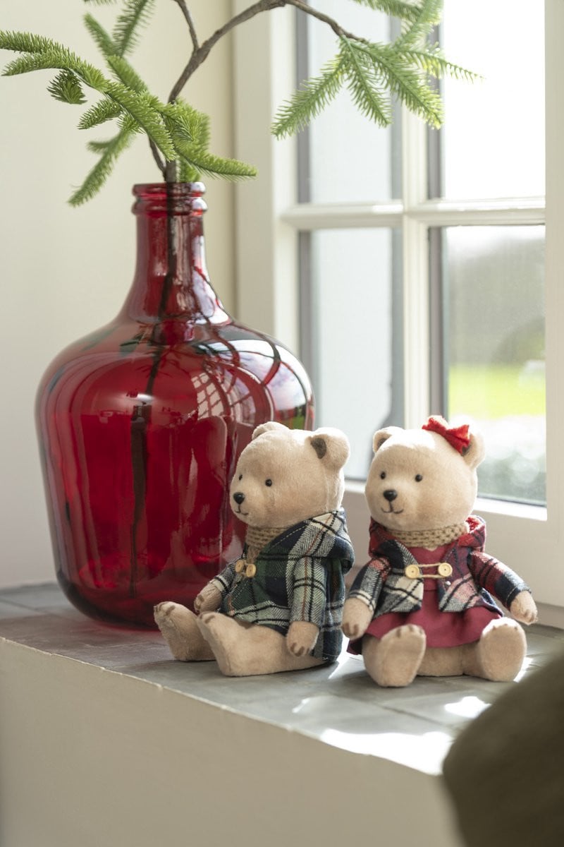 J-Line Figuur Beer Zittend Jongen/Meisje - Textiel - Grijs/Rood - 2 stuks