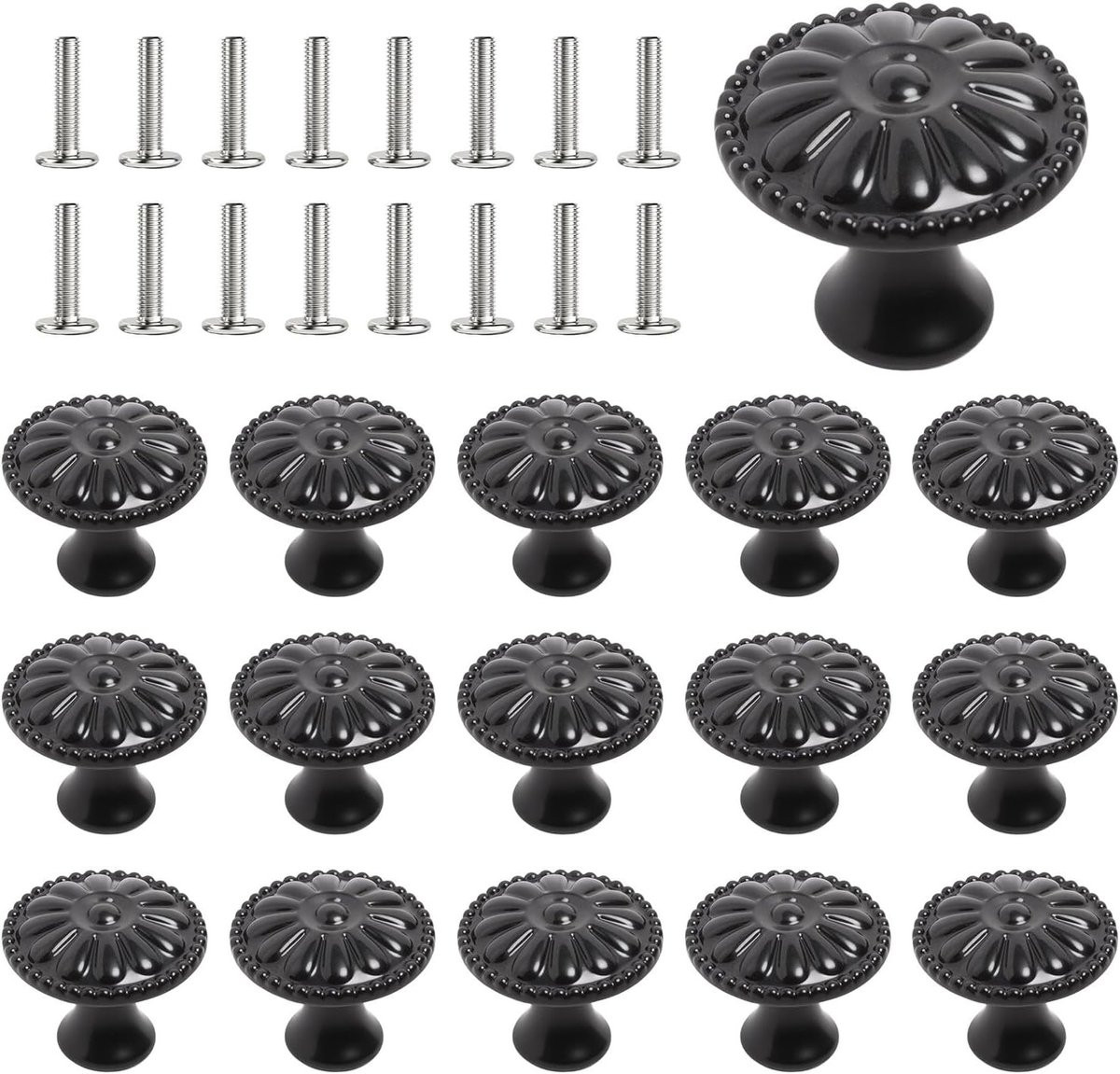 Set van 16 Vintage Kastknoppen met Bloemmotief, Ronde Zwarte Meubelknoppen van 30mm inclusief Schroeven
