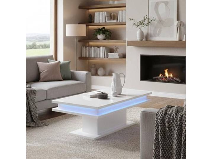 Dmora - Couchtisch Leon, niedriger Couchtisch, Zeitungsständer, 100 % Made in Italy, 100 x 55 x 42 cm, glänzend weiß mit LED-Licht,