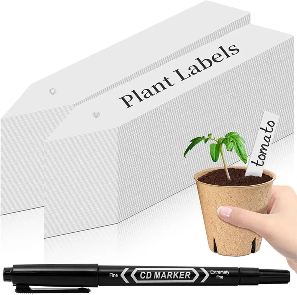 INF Étiquettes de Plantes PVC avec Stylo Marqueur - 100 Étiquettes Blanches Pré-percées pour Pots (10cm x 1.65cm x 0.2cm)