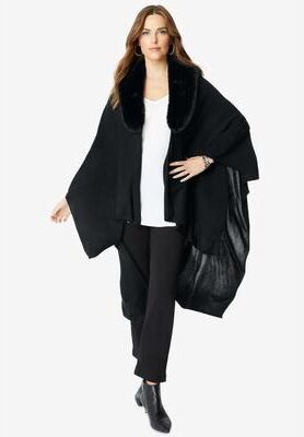 Plus Size Women's Faux Fur-Trimmed Shawl. by Accessories For All in Black