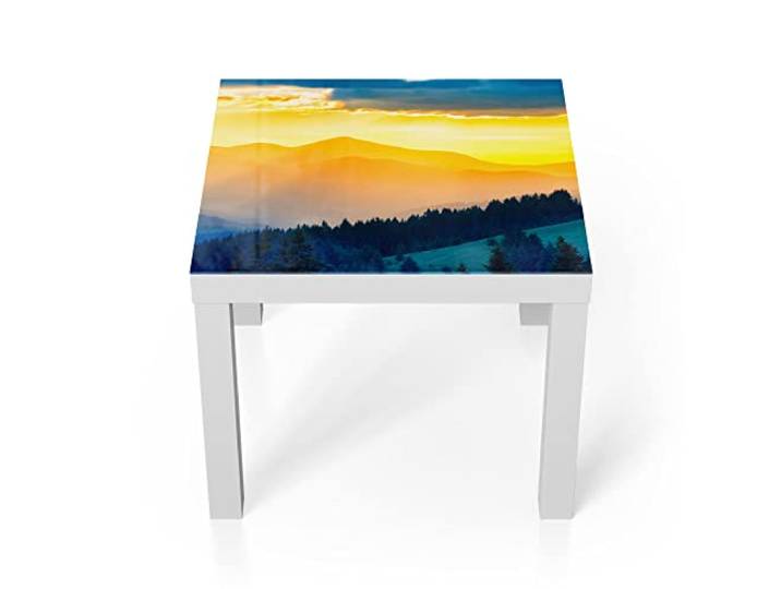 DEQORI Glastisch weiß klein 55x55 cm Motiv Sonnenuntergang in Bergen ausgefallener Beistelltisch aus Glas Hochglanz Couchtisch fürs Wohnzimmer moderner Couch Tisch mit Design