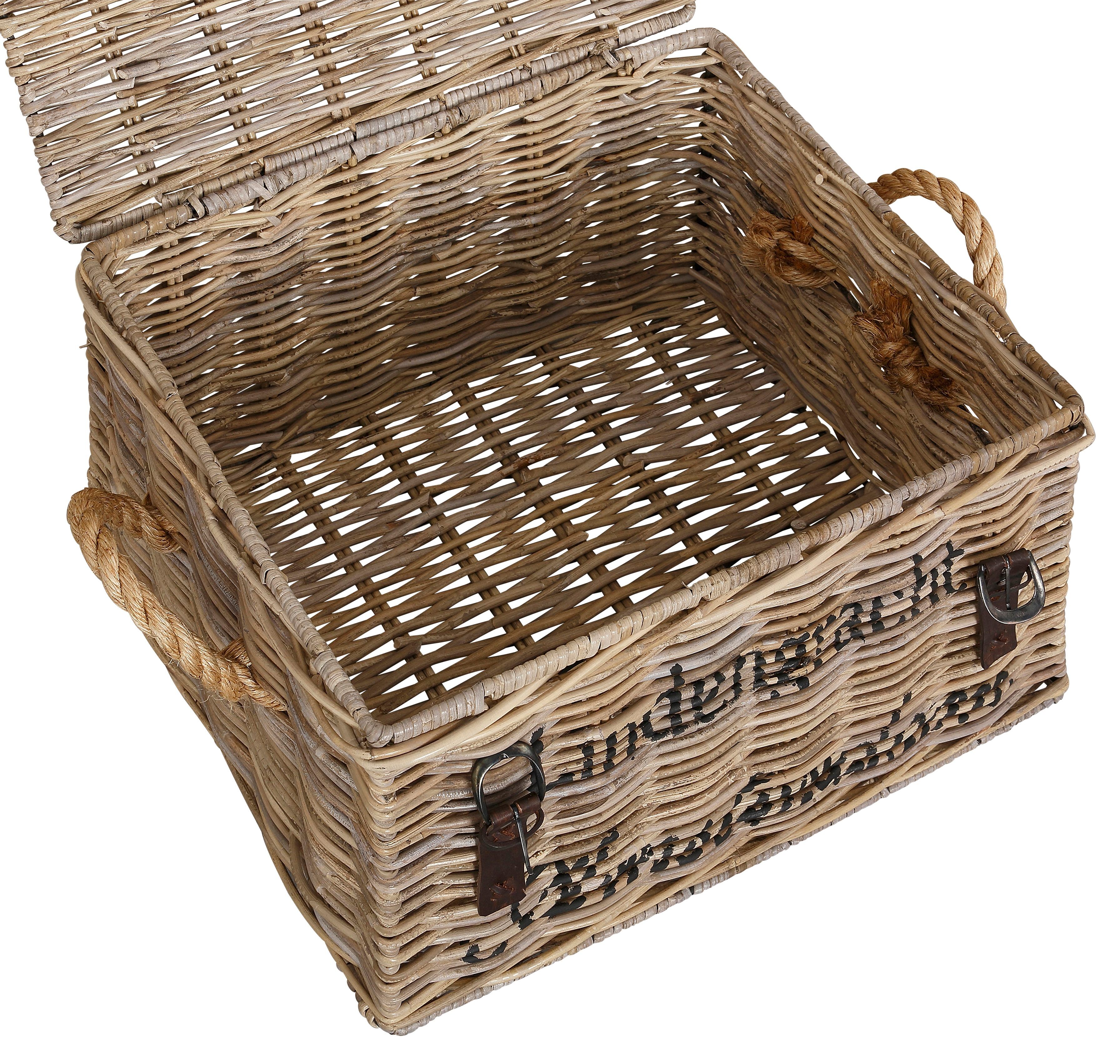 Truhe HOME AFFAIRE, grau, B:52cm H:31cm T:41cm, Eisen, Geflecht Rattan, Truhen, Truhe, mit Stauraum und Aufdruck grau B/H/T: 52cm x 31cm x 41cm