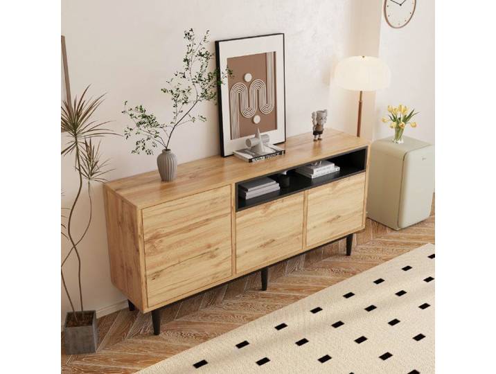 Buffet - 160 x 35 x 76 cm - 3 portes - Bois marron - Contemporain