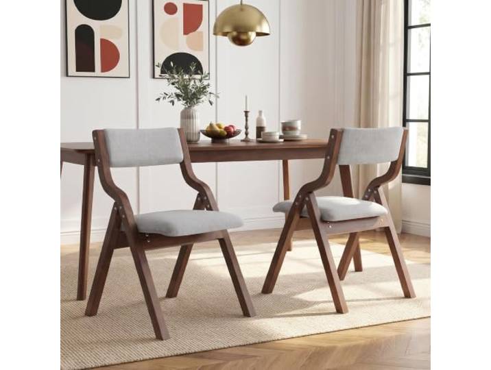Aunvla 2 klappbare Esszimmerstühle, Esszimmerstühle aus Massivholz, bequem und atmungsaktiv, faltbar und verstaubar, geeignet für Esszimmer, Wohnzimmer, Café, moderner Stil, Leinen, Grau