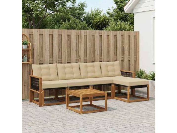 HFMDRMU Outdoor-Sofagarnitur mit Kissen 6 pcs Natur und Beige, modulares Sofa Garten aus massivem Akazienholz, Sitzgarnitur Terrasse mit wetterbeständiger lackierter Oberfläche