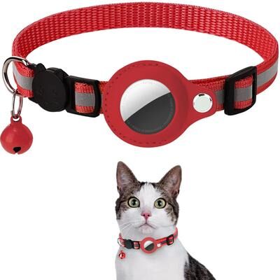 Inspired Living SafeTrack Reflective AirTag Cat Collar With Waterproof Holder & Breakaway Safety Buckle red
