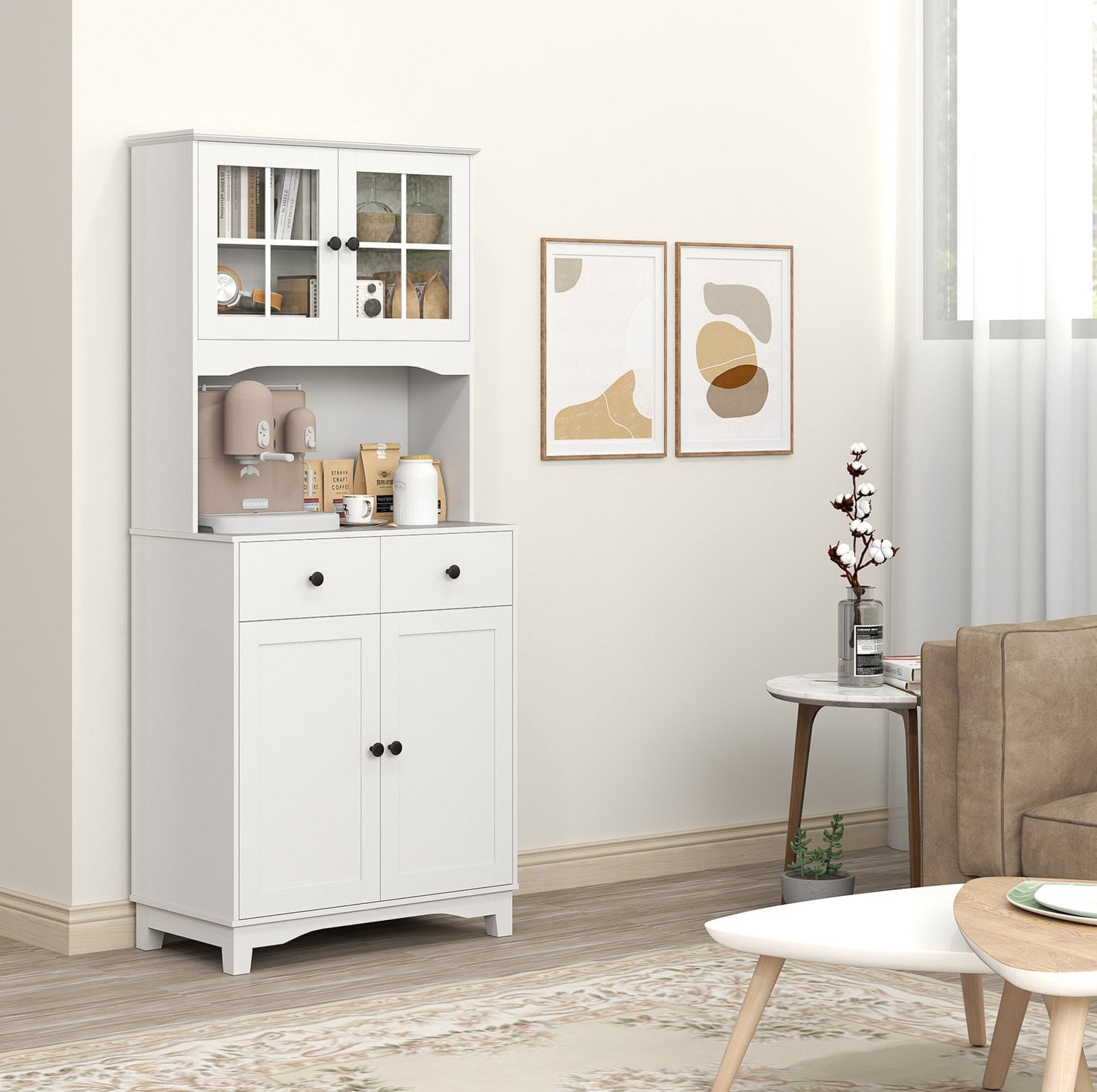 CHICFURN Keukenkast Wit - Hoogkast met Magnetronplank en Glazen Deuren