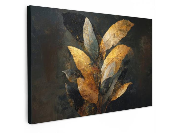MuchoWow Leinwandbild - Golden Leaf Komposition - Botanical Luxury - 120x80 - Kunstdruck, Goldfarben, Schwarz, Textil, Kiefer, Abstrakt, Rechteckig, 120x80 cm, gerahmt, Bilder & Rahmen, Bilder, Wandbilder