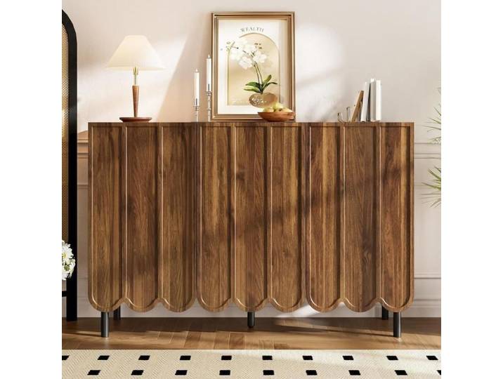 Buffet bas - KOMHTOM - 120x35x80 cm - Noyer - Portes ondulées sans poignée - Étagères réglables