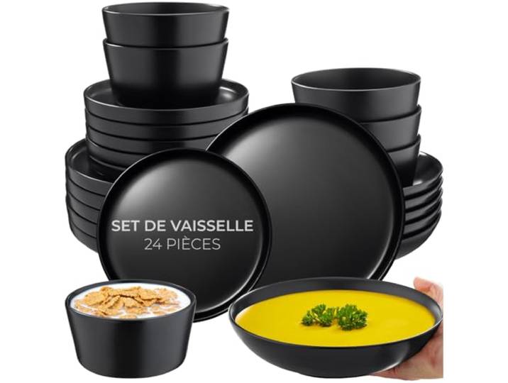 tectake® Service de Vaisselle en Grès\, pour 6 Personnes\, Lot de 24 Pièces Assiettes plates\, Assiettes à dessert\, Assiettes creuses\, Bols\, Empilables\, Compatible Lave-vaisselle & Micro-ondes\, Noir