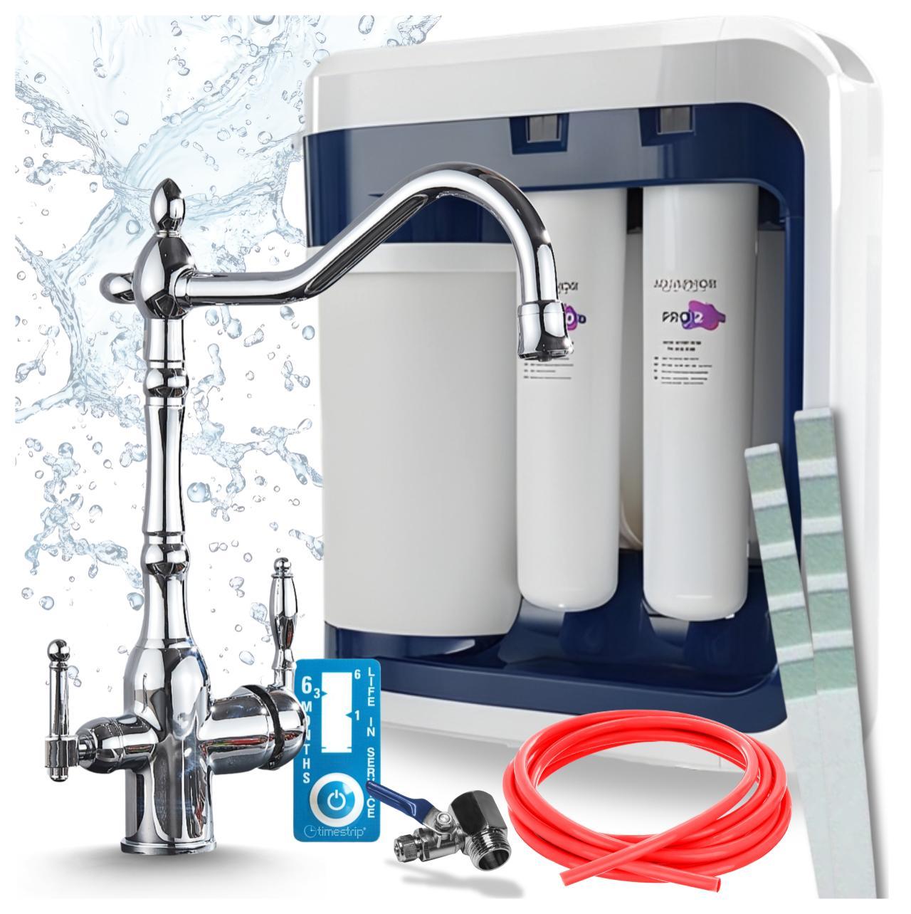 Set Aquaphor Ro-202S Pro Umkehrosmoseanlage Mit Ari Retro 2 3-Wege-Küchenarmatur Chrom, 5 L Tank, Wasserfilter Mit Pumpe