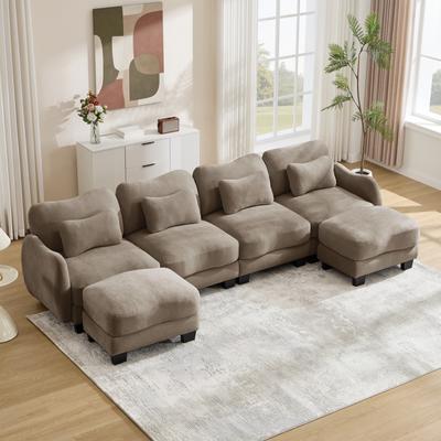 Loedds 4-Seat Chenille U-Shaped Modular Sectional Sofa with 2 Ottomans & Lumbar Pillows