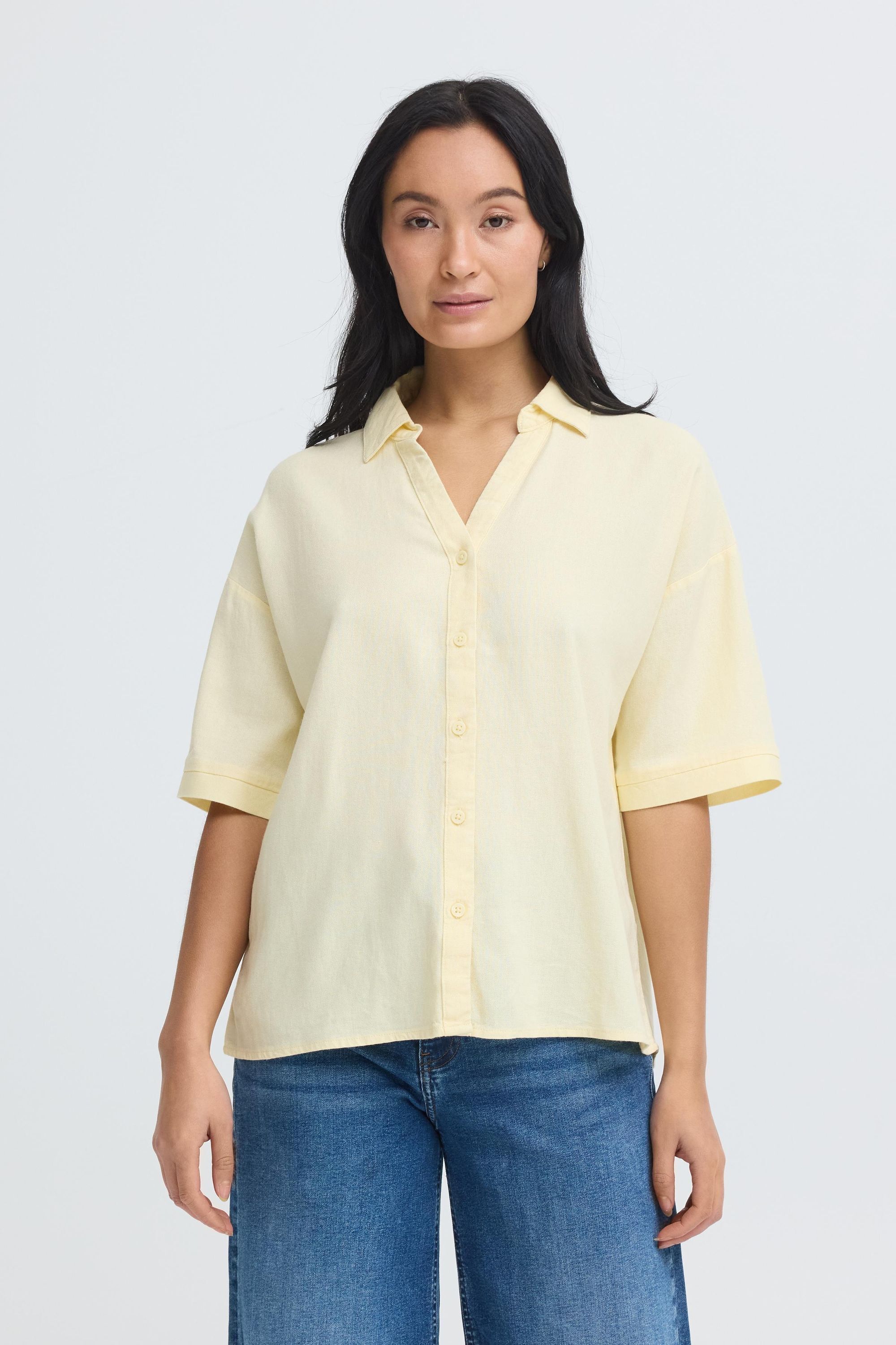 Hemdbluse OXMO "Hemdbluse OXNInna Linen Mix", Damen, Gr. 44, gelb (flan), Obermaterial: 80% Viskose LENZING LenzingCV. 20% Leinen LI., Blusen Hemdbluse