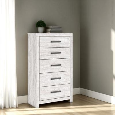 Benjara Cany Tall Dresser Chest, 5 Drawers w Black Handles, Vintage Whitewash
