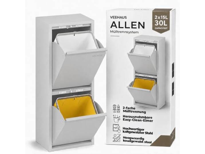 VEEHAUS Küchen Mülltrennsystem, Metall Müllschrank, Klappfach (2 x 15 L) Freistehend & vormontiert, Einzeln öffenbare Klappen, Magnetische Außenfläche, Herausnehmbare Eimer, 30 L, Grau
