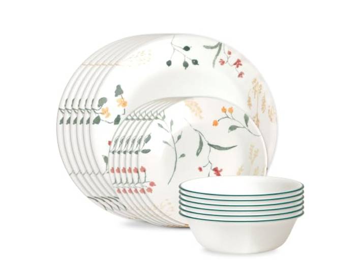 Corelle Vitrelle 18-teiliges Geschirrset aus Glas für 6 Personen, dreilagig, splitter- und rissfest, Glasteller und Schüssel-Sets, Wildblume
