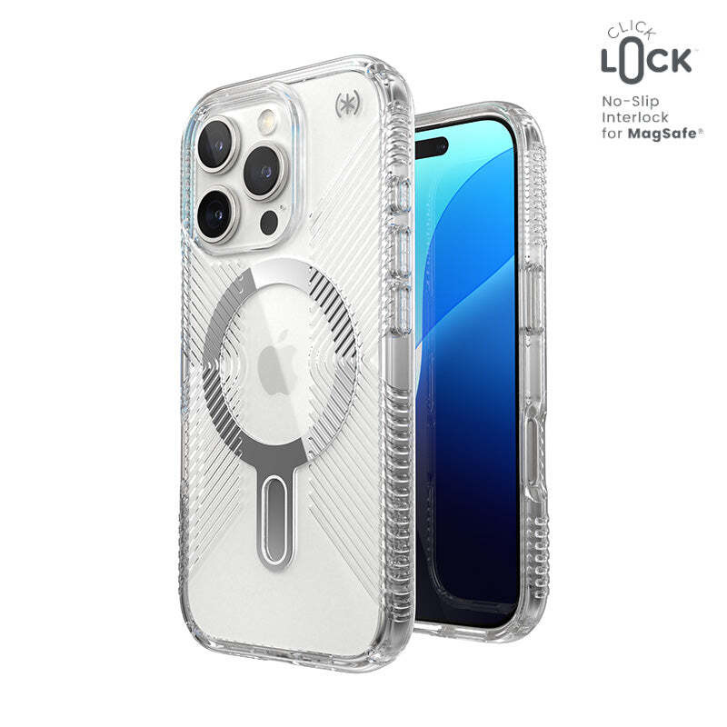 Speck Presidio Perfect-Clear Grip ClickLock & MagSafe iPhone 16 Pro hoesje - Transparant / Chrome afwerking / Serene Silver