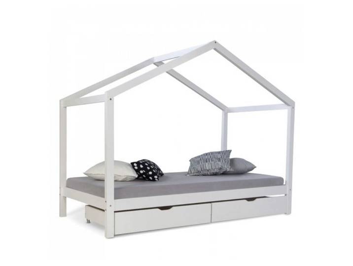 Lit D'Enfant avec matelas 90x200 Lit Maison Lit Cabane Lit Montessori Lit Bois Blanc Tiroir
