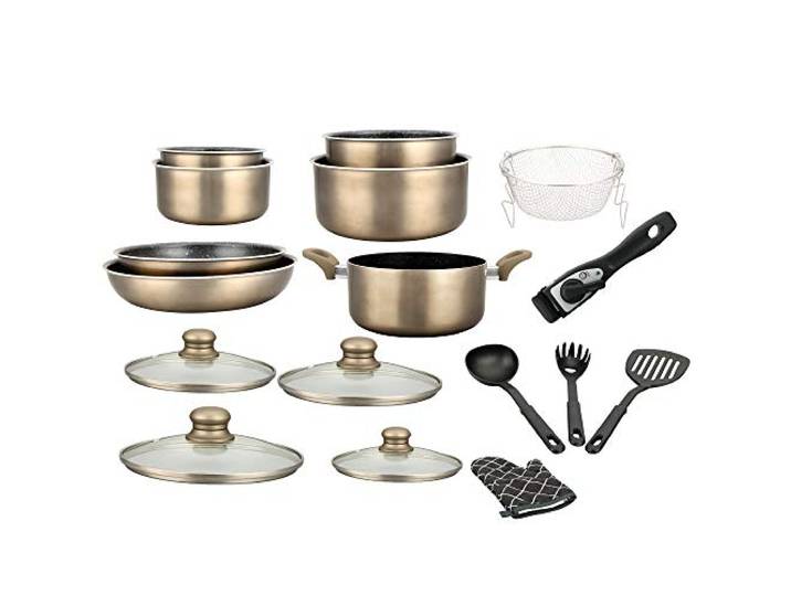 Herzberg - Kochtopfset - 17-teiliges Induktions-Topf- und Pfannenset - Geschmiedetes Aluminium mit Marmorbeschichtung - Abnehmbarer Griff - Antihaft - Alle Herdarten - Inkl. Handschuh - Kupfer