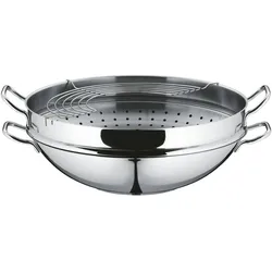 WMF Macao Edelstahl-Wok-Set 4-teilig, 36 cm, ofenfest, Pfanne + Kochtopf, Silber